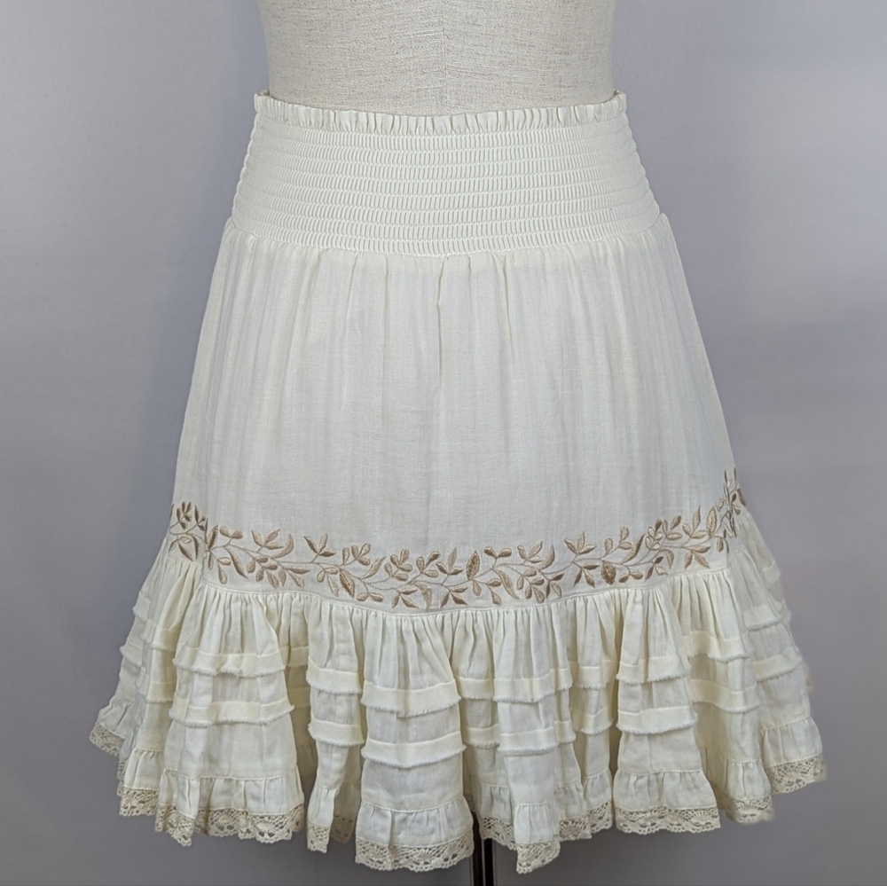Secret Mission Amie Mini Skirt Embroidered Ruffled Smocked Organic Creme M NWT